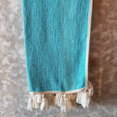 Aqua Blue Raw Cotton Throw with White Beaded Tassels | 140×200cm Soft & Bright Cotton Blanket for Sofa & Bed